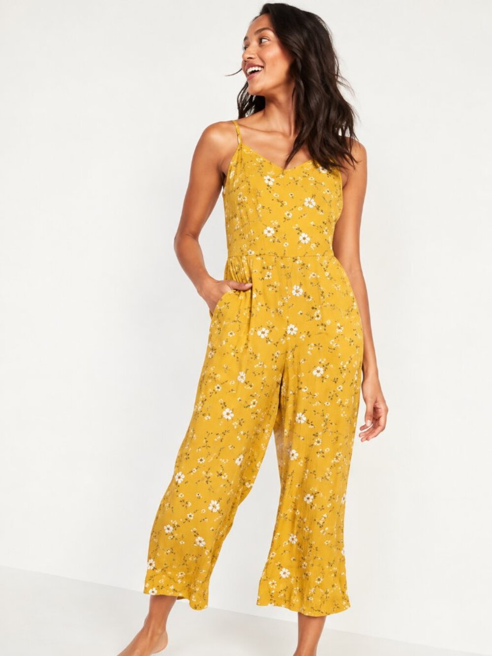 Old Navy Yellow Floral Jumpsuit Size S Wide Leg Boho Cottagecore Summer